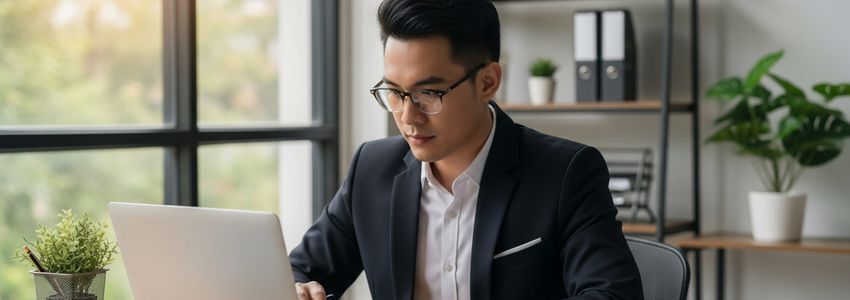 Business owner reviewing loan application documents on laptop in modern office