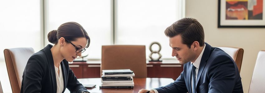 Business attorney and owner reviewing loan contract terms together