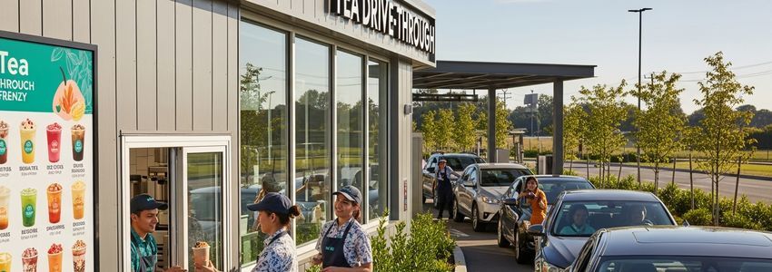 HTeaO franchise drive-through beverage location with staff serving customers