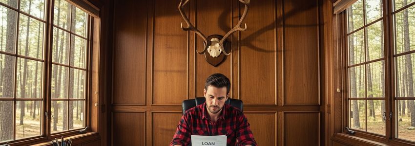 Hunting outfitter reviewing business financing options at a rustic lodge office