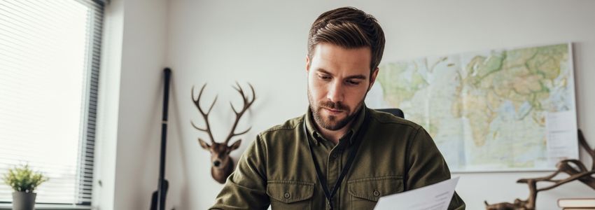 Hunting guide service business owner reviewing financing options at desk with hunting maps and equipment in background