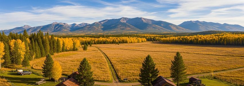 Hunting outfitter camp with cabins and trucks in an autumn mountain meadow