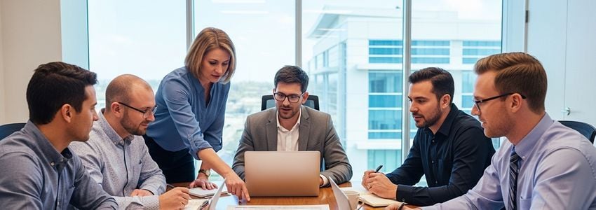 Small business owner in Huntsville, Alabama reviewing loan documents at their desk with city view in background