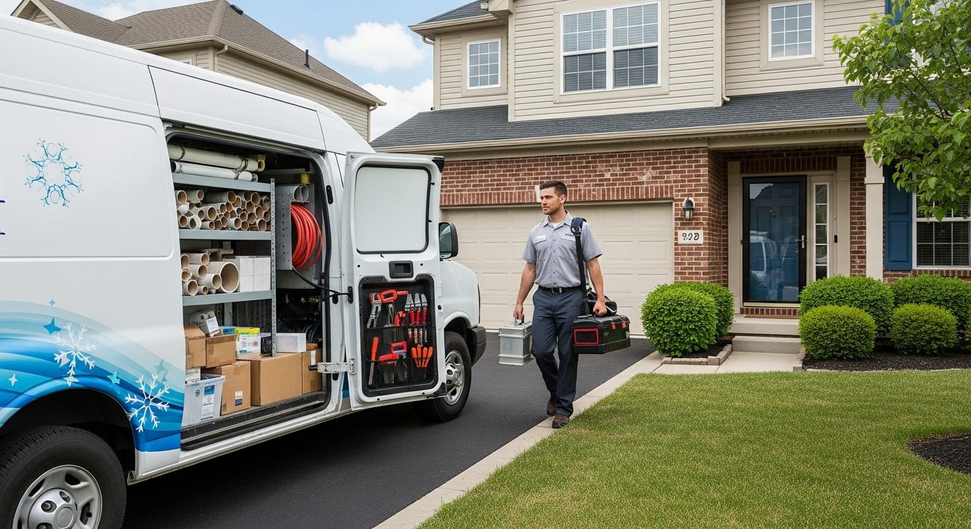 Fleet of branded HVAC service vans lined up at commercial building, ready for dispatch