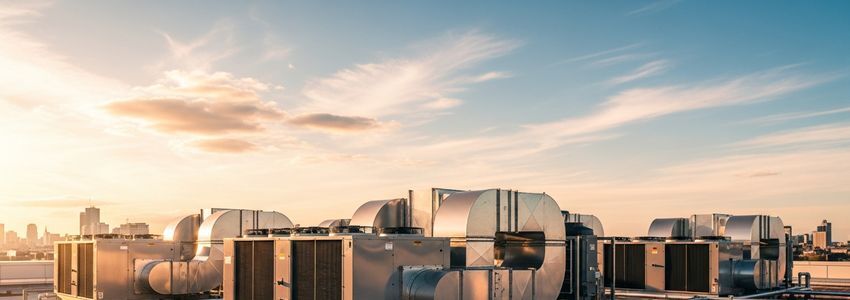 Commercial HVAC rooftop units on top of a business building at sunset, showing multiple industrial air conditioning systems