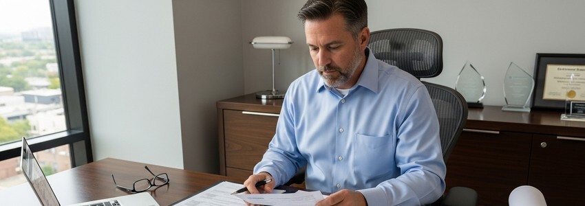 HVAC business owner reviewing financing options at office desk