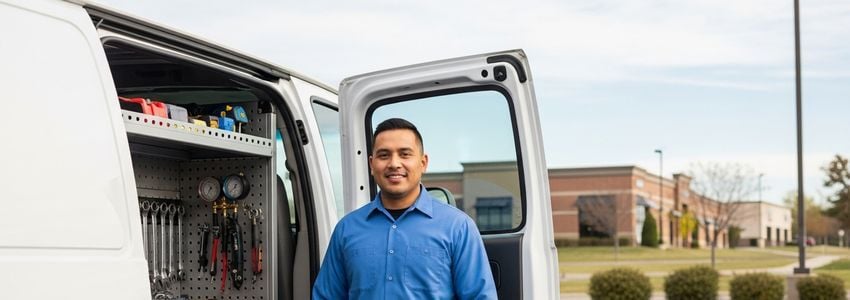 HVAC technician standing beside open service van showing organized tools and equipment for fleet financing