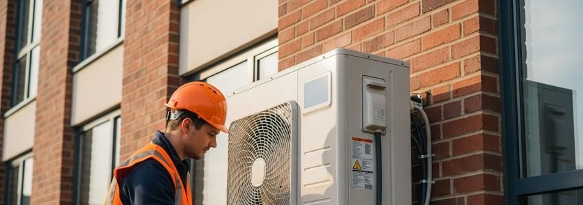 HVAC technician installing energy-efficient commercial heat pump system