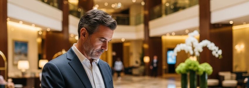 Hotel manager reviewing financing reports at a professional hotel front desk