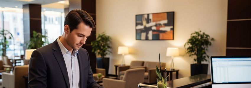 Hotel franchise owner reviewing financing documents at a hotel front desk