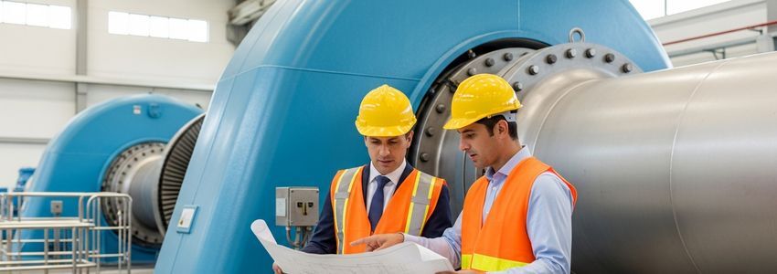 Business professionals reviewing hydroelectric equipment financing documents at a power plant