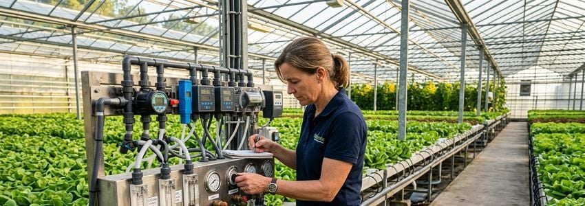 Business owner inspecting nutrient dosing and irrigation control system in a commercial hydroponic greenhouse