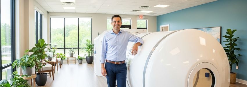 Business owner standing next to hyperbaric oxygen therapy chamber in a modern wellness center