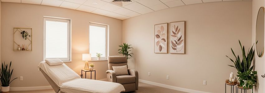 Professional hypnotherapy office with comfortable reclining chair and soft therapeutic lighting