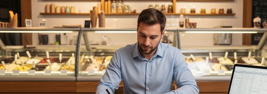 Ice cream franchise owner reviewing business loan documents at a modern ice cream shop