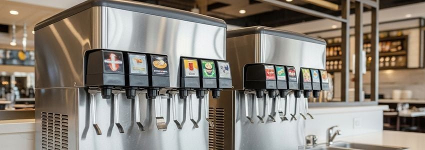 Commercial restaurant ice machine and beverage dispenser in a professional food service environment