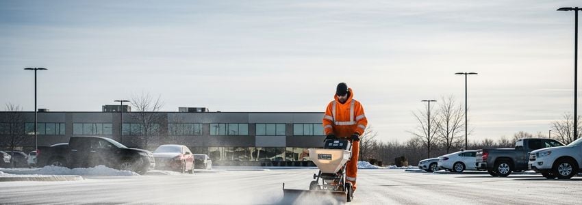 Professional maintenance worker operating walk-behind ice melt spreader in commercial parking lot