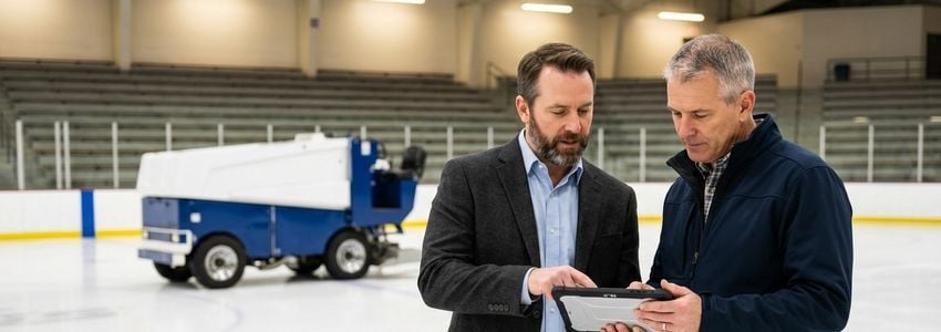 Business owner and rink facility manager reviewing financing details on a tablet beside an ice resurfacing machine on the rink