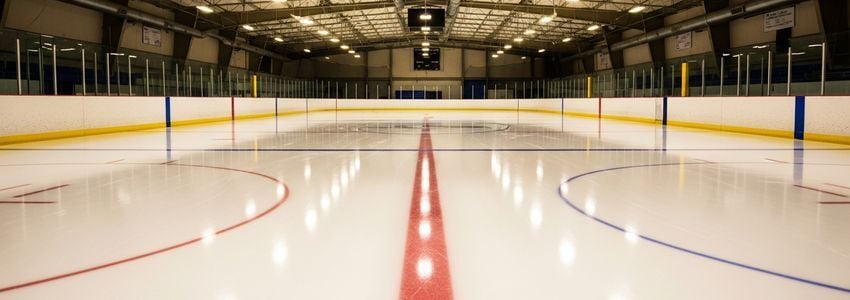 Ice skating rink interior showing pristine ice surface with colorful dasherboards and arena lighting
