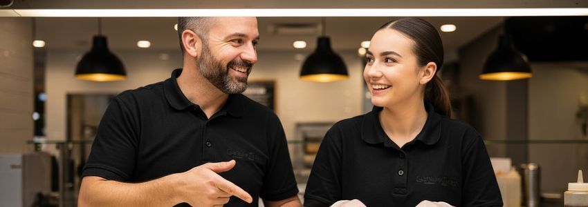 Franchise owner and employee preparing gourmet sandwiches at an Ike's Love and Sandwiches restaurant counter