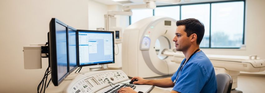 Radiology technologist reviewing CT scan results at imaging center workstation