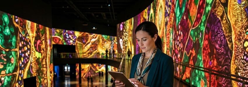 Business professional reviewing immersive art installation equipment financing inside a colorful projection-mapped gallery
