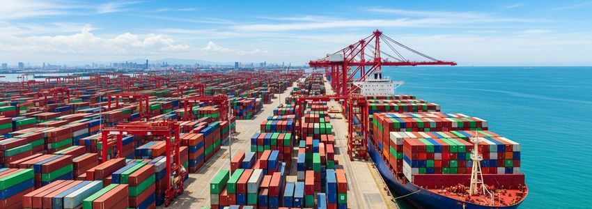 International shipping containers at a busy cargo port, representing import export business financing