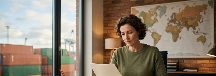 Business owner reviewing import trade documents with a world map and shipping port visible in the background
