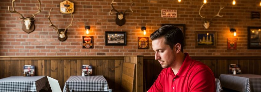 Famous Dave's franchise owner reviewing financing documents at a restaurant desk