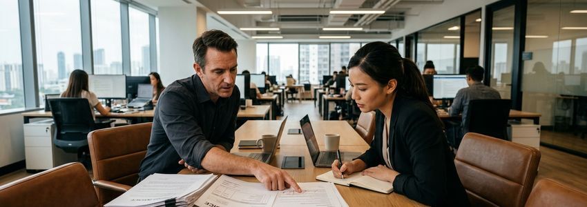 Two business professionals reviewing a large contract and unpaid invoice documents at an office table