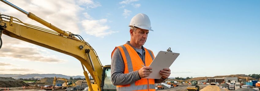 Construction business owner reviewing a rental equipment agreement on a job site while waiting for delayed machinery delivery