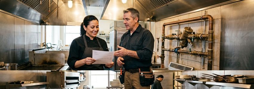 A business owner and plumbing contractor discussing a backflow preventer repair invoice in a commercial kitchen