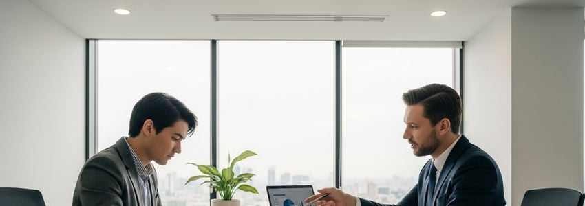 Small business owner reviewing franchise loan documents with financial advisor
