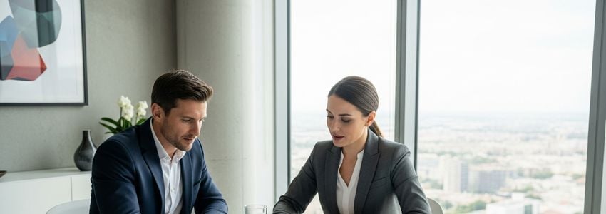 Small business owner reviewing business line of credit application documents with financial advisor