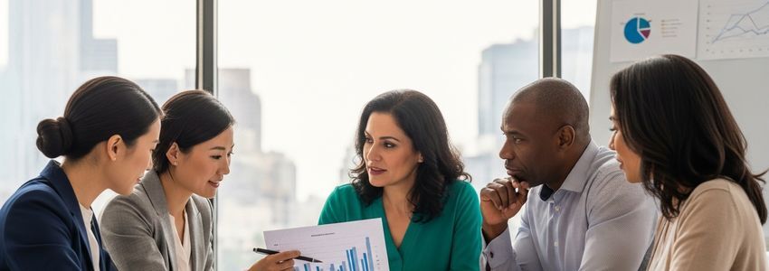 Diverse business owners reviewing loan cost options and financial documents at conference table