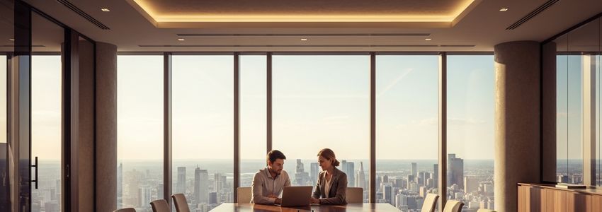 Business loan officer and client reviewing credit score and loan documents at a conference table