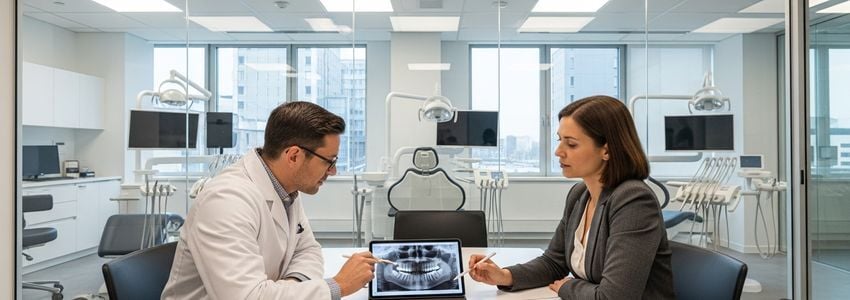 Dental implant specialist and practice manager reviewing financing documents and X-rays at a modern dental office