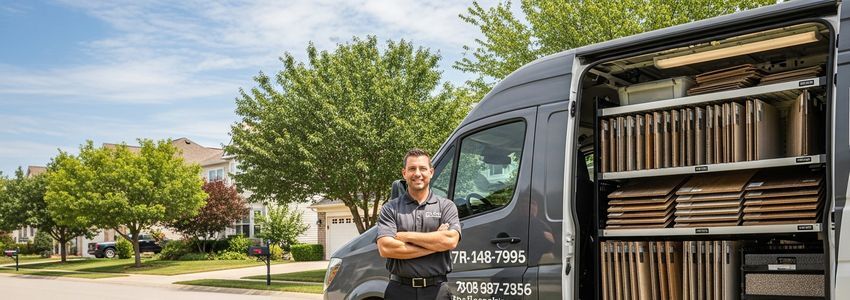 Floor Coverings International franchise financing - flooring business owner with service van