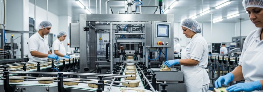 Food manufacturing production line workers operating conveyor belt packaging system in a commercial facility