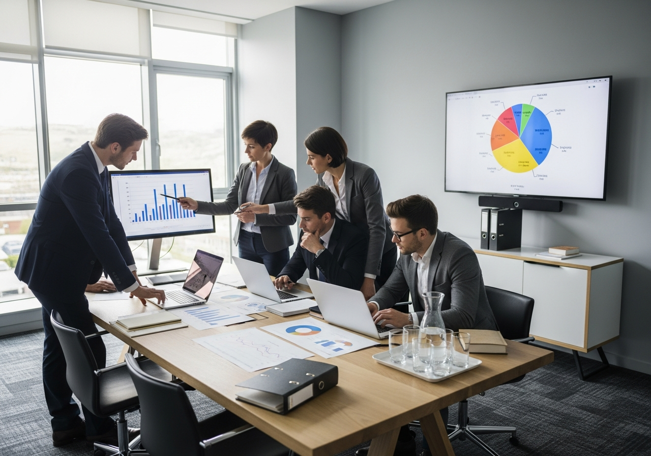 Business team reviewing financial charts and growth projections in a modern conference room