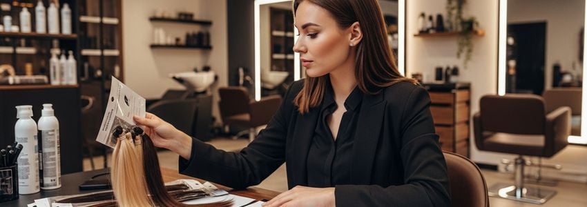Hair extensions business owner reviewing financing options at a salon