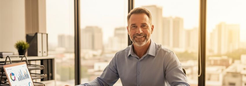 Small business owner reviewing working capital loan rates and financial documents at desk