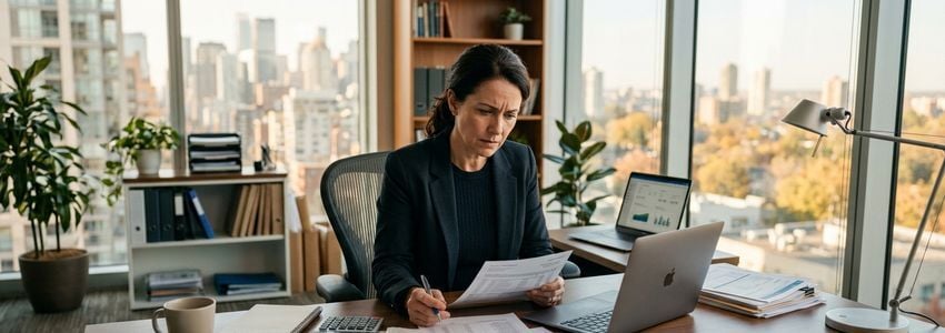 Small business owner reviewing financial records with concern after discovering an internal loss