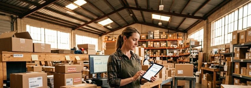 Small business owner reviewing chargeback dispute paperwork and financing options at a desk with a laptop showing payment processing data