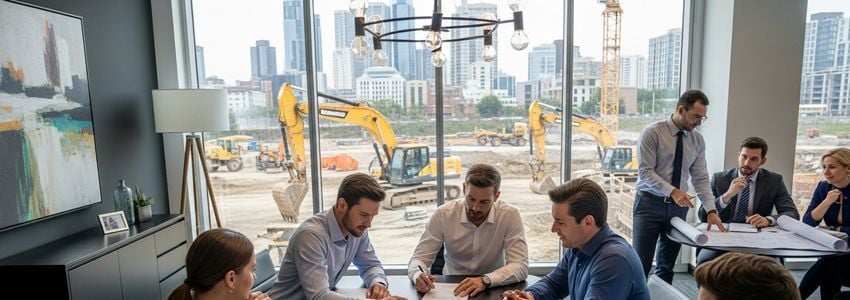 Construction company financing team reviewing business loan options