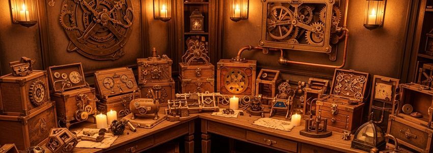 Interior of a professionally designed escape room franchise with dramatic lighting and puzzle elements