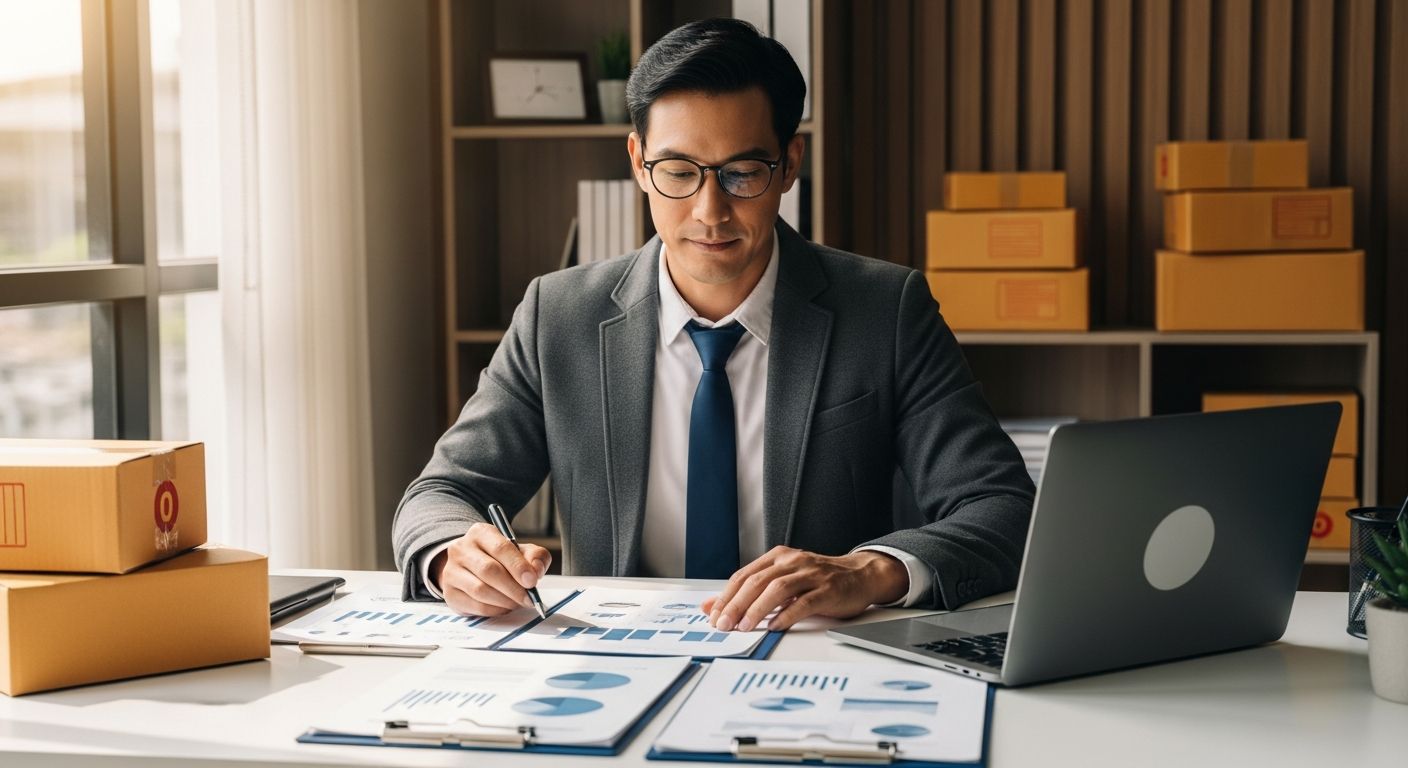 Small business owner reviewing delivery logistics and financing documents at desk