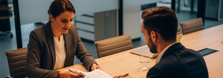 Home warranty company business professionals reviewing financing options in a modern conference room