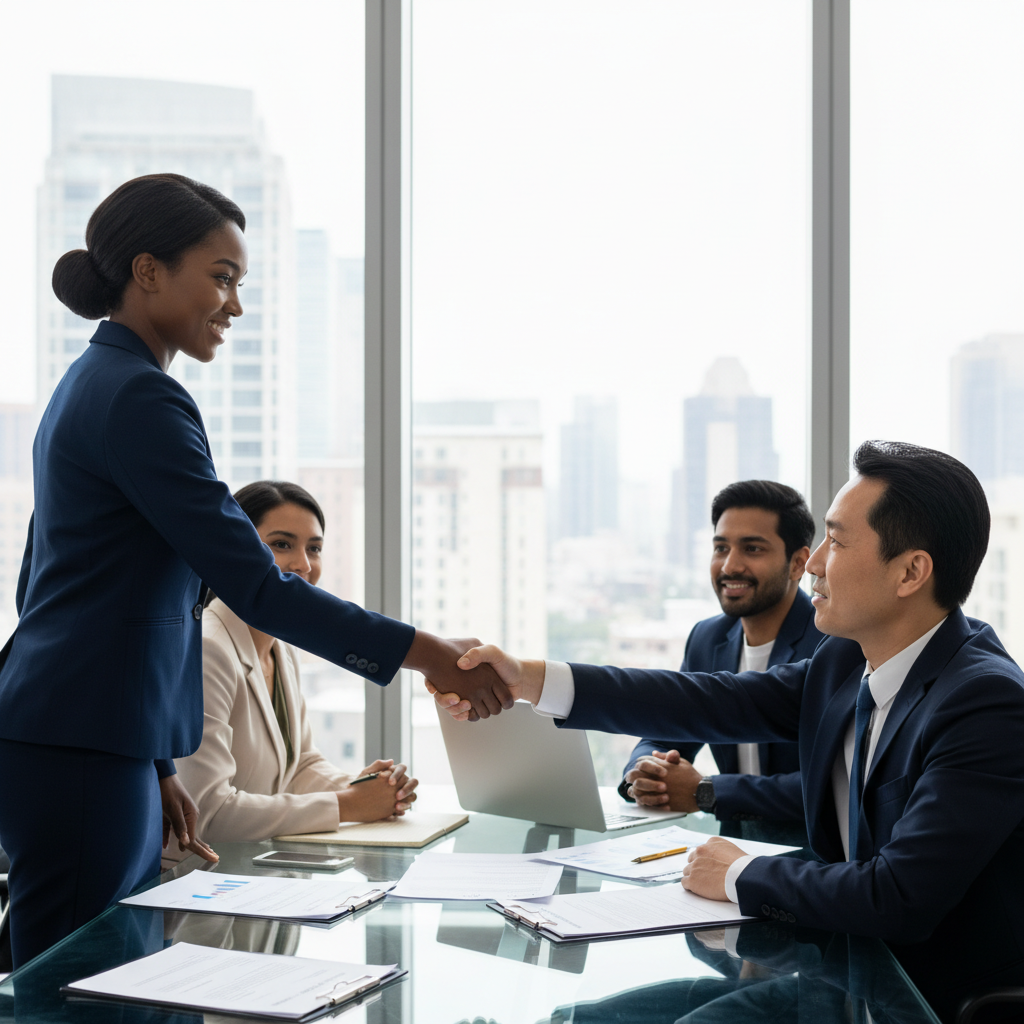 Diverse minority business owners finalizing a financing agreement in a modern conference room