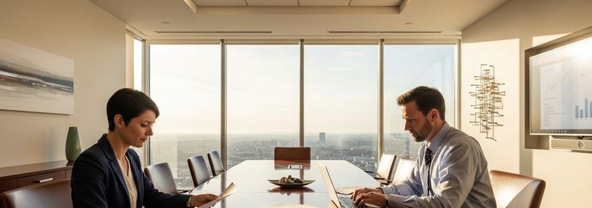 Business owner and financial advisor reviewing inventory turnover data on laptop